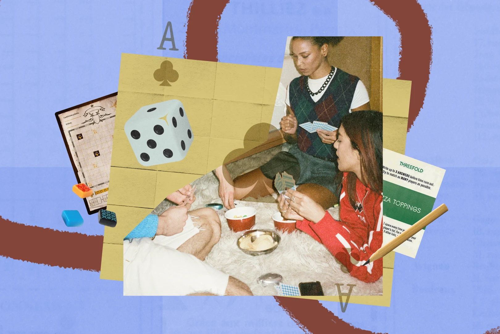 Two people sitting on a fluffy carpet, playing a card game with bowls of snacks around them, overlaid on an illustration of a large dice, playing cards, game pieces, and a pencil with a game rules sheet titled 'Threefold'.