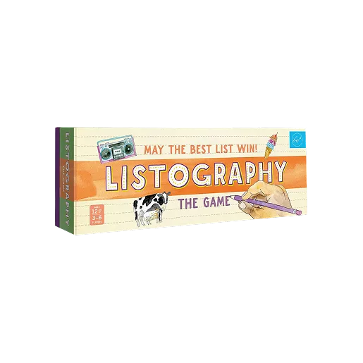 Box of the board game Listography featuring a hand writing with a purple pen, a black-and-white cow illustration, a colorful popsicle, and a retro cassette player illustration with the tagline 'May the best list win!'