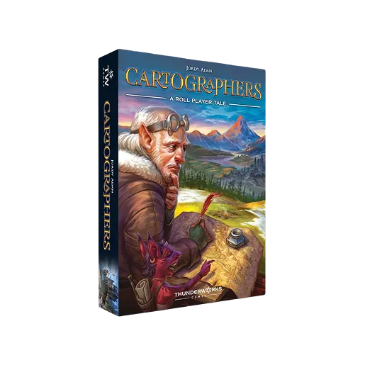 Box cover of the board game Cartographers showing an elf with white hair and goggles sketching on a parchment, accompanied by a small purple dragon in a fantasy landscape with mountains, a castle, and a river at sunset.