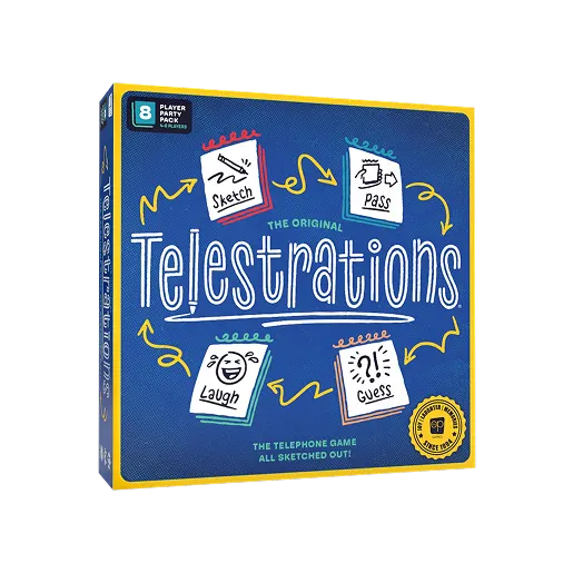 Box of the game Telestrations with a blue background and yellow border, showing icons and words Sketch, Pass, Laugh, and Guess connected by arrows, labeled as a telephone game for 4-8 players.