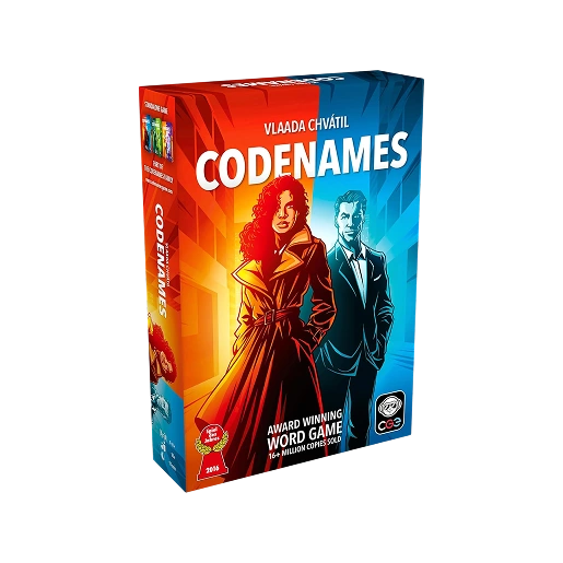 Box of the award-winning word game Codenames featuring a stylized illustration of a woman in a red trench coat on the left with a red background and a man in a black suit with a blue background on the right.