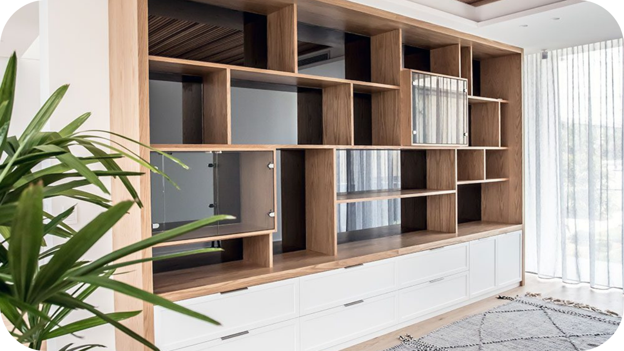 Custom Melbourne joinery style with open wooden shelving, white drawers, and modern built-in cabinet design.