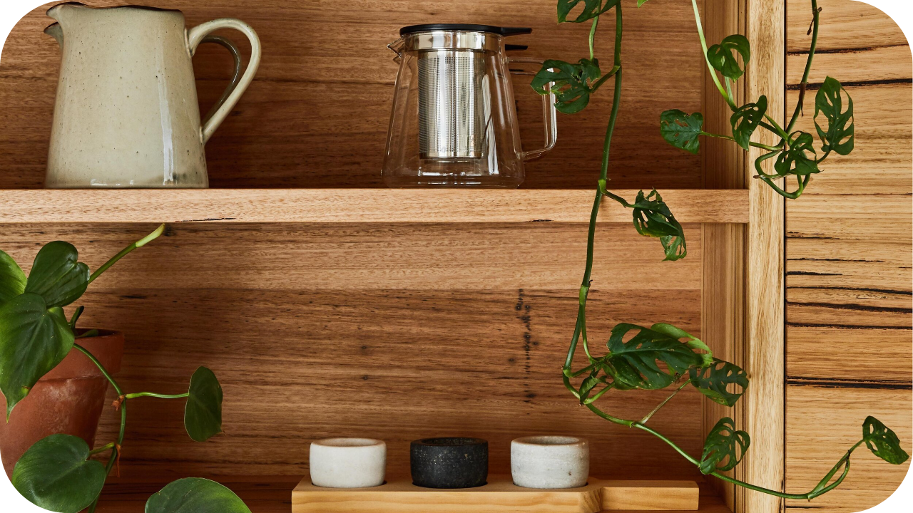 Close-up of timber joinery shelving in Melbourne home with pottery, glassware, and trailing indoor plants.