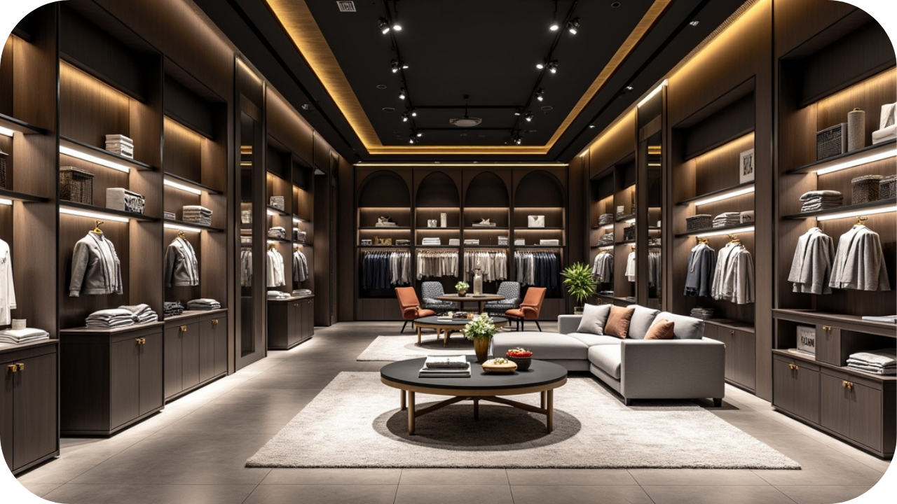 High-end retail store with dark timber joinery, illuminated clothing displays, lounge seating, and elegant modern interior design.