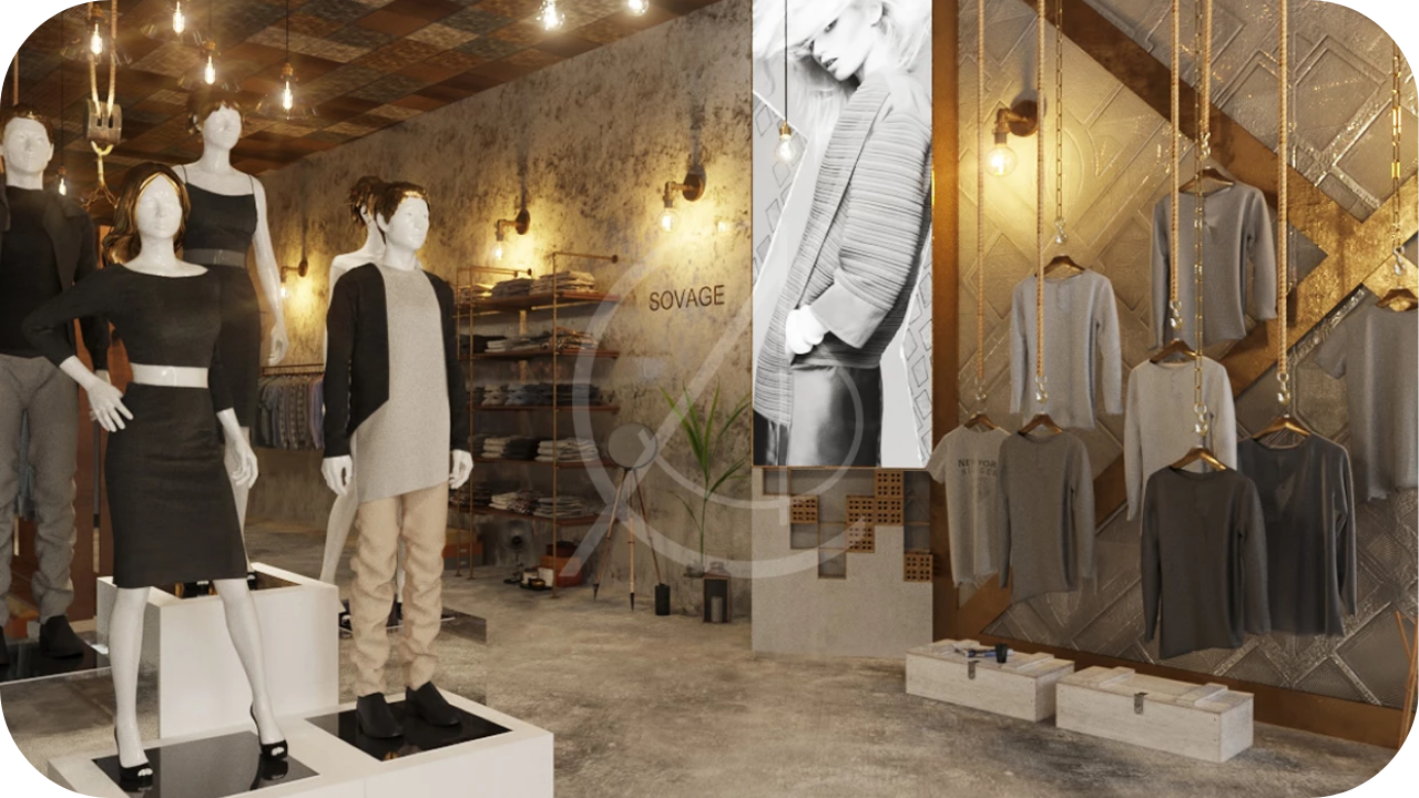 Fashion boutique with mannequins, industrial-style shelving, hanging displays, warm lighting, and textured feature wall design.