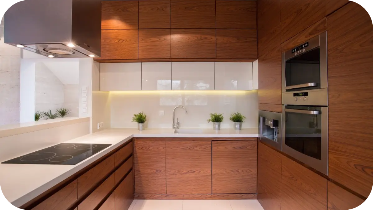 Modern kitchen with timber cabinetry, white benchtops, built-in ovens, induction cooktop, and potted plants for style.
