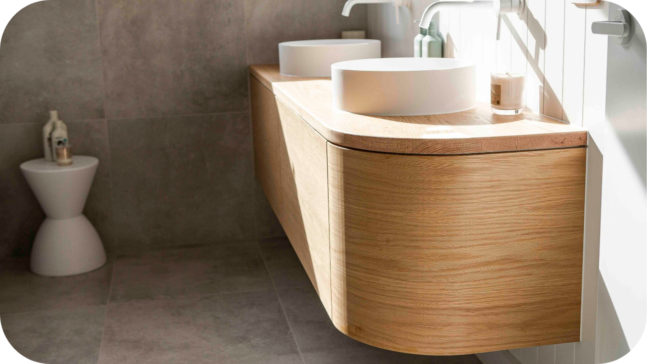 Modern bathroom with curved timber vanity, dual round basins, wall-mounted taps, and natural light highlighting wood finish.