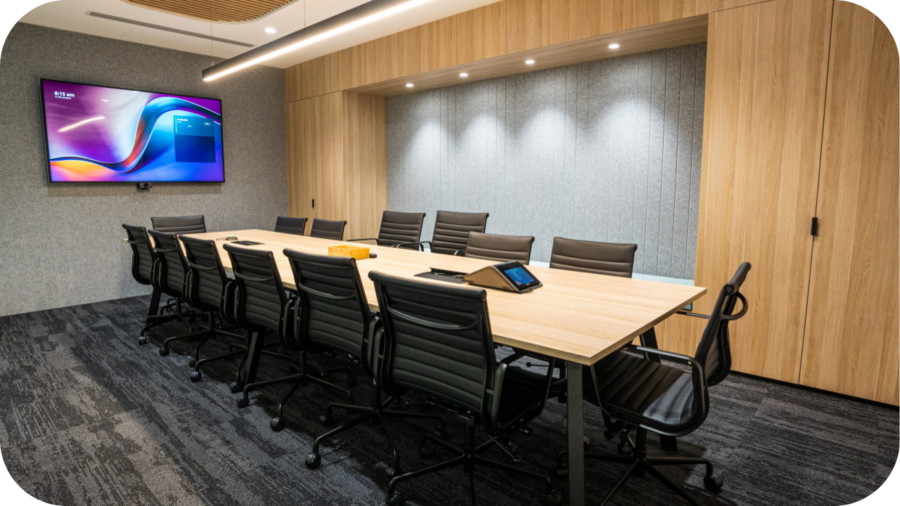 Boardroom with modern timber table and black leather chairs, large wall screen, and sleek lighting for a professional office fit out in Melbourne.
