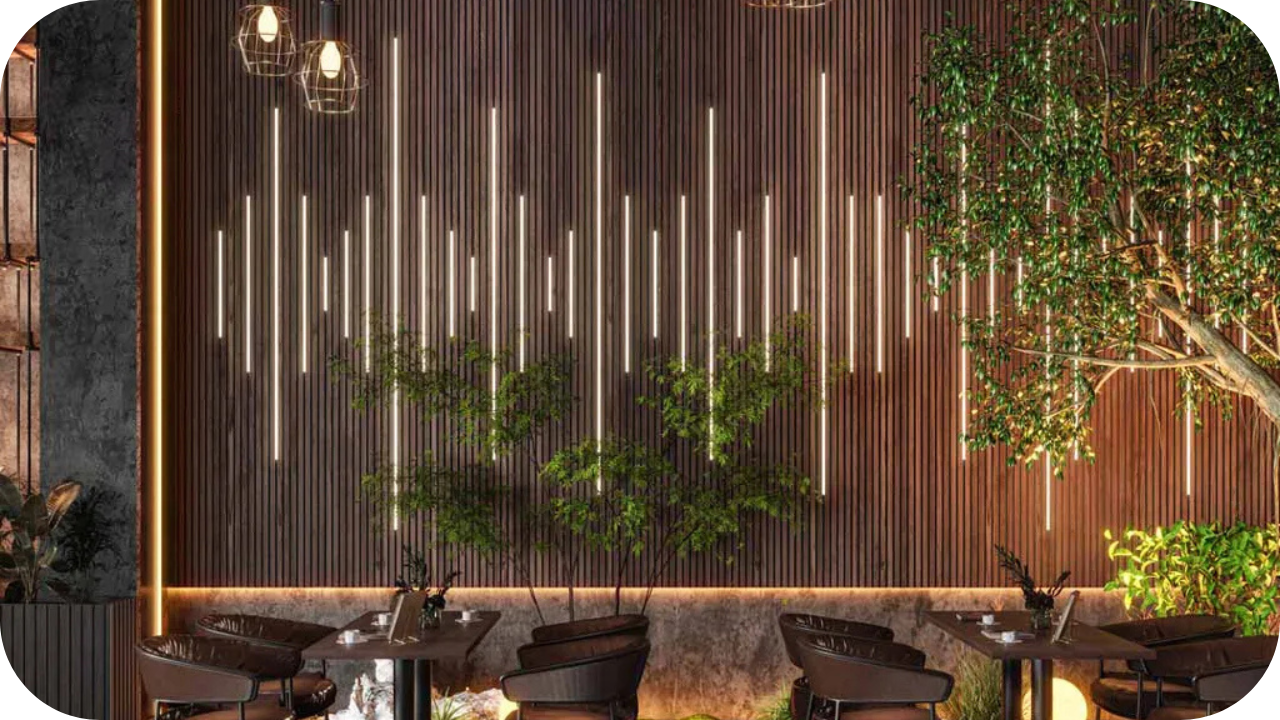 Custom wall joinery with vertically integrated lighting and greenery creating zones in an open-plan space.
