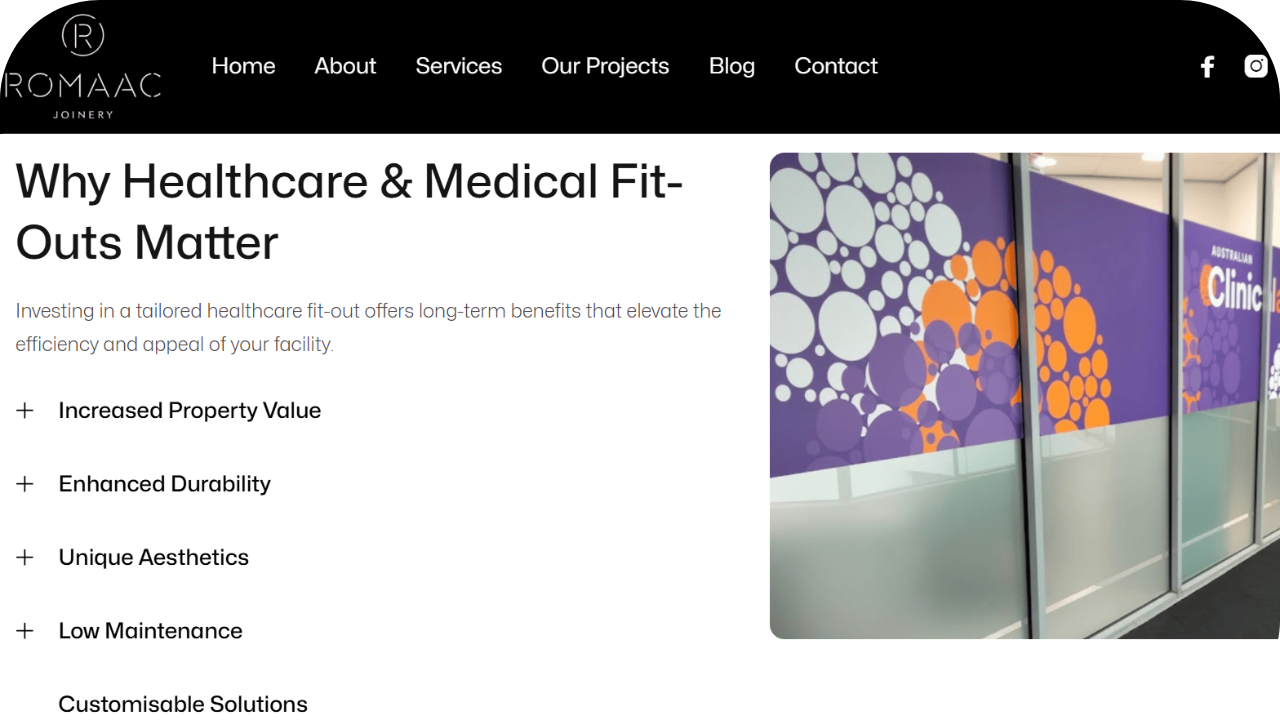 ROMAAC Joinery website section on healthcare fit-outs with clinic partition graphics in purple and orange.