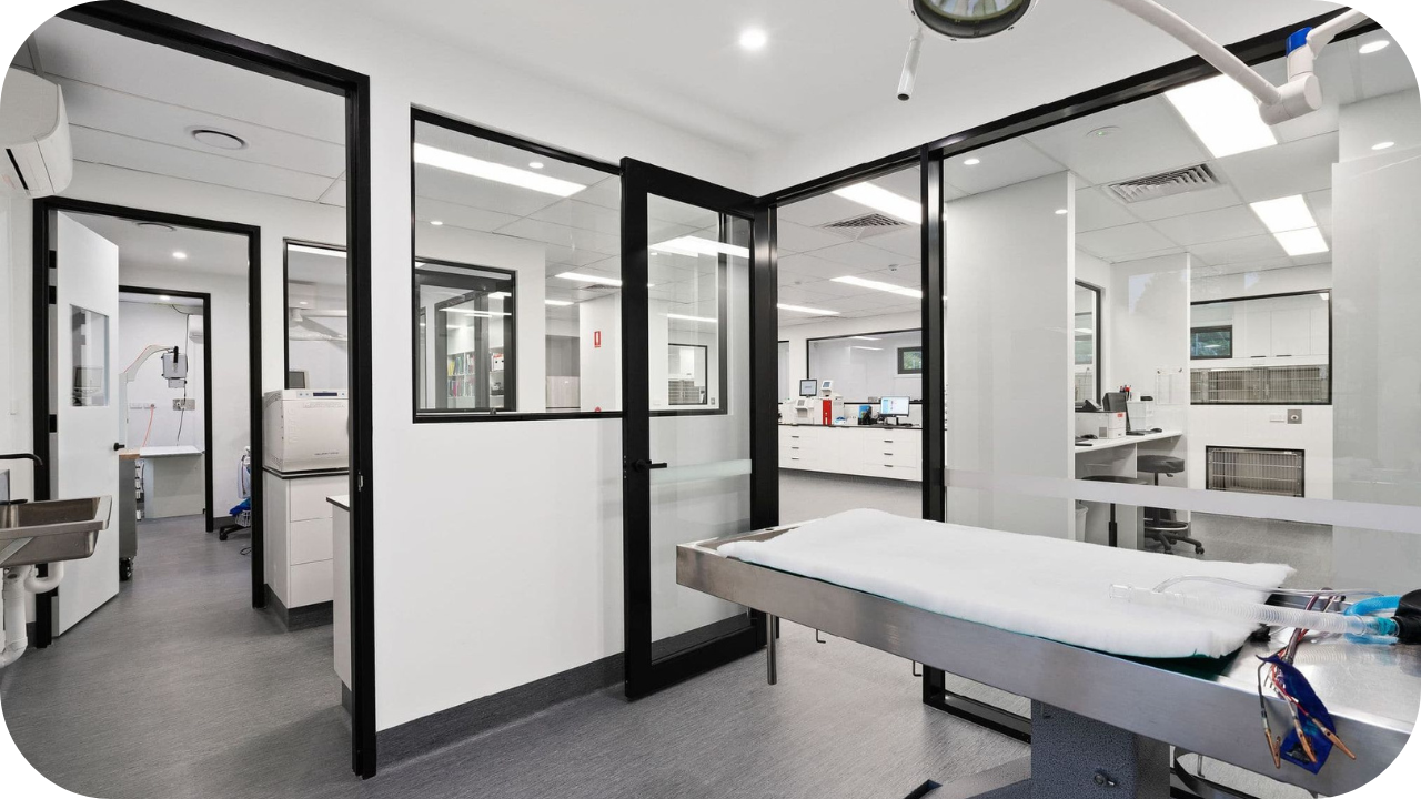 Modern healthcare treatment room with black-framed glass partitions, stainless steel examination table, and integrated joinery.