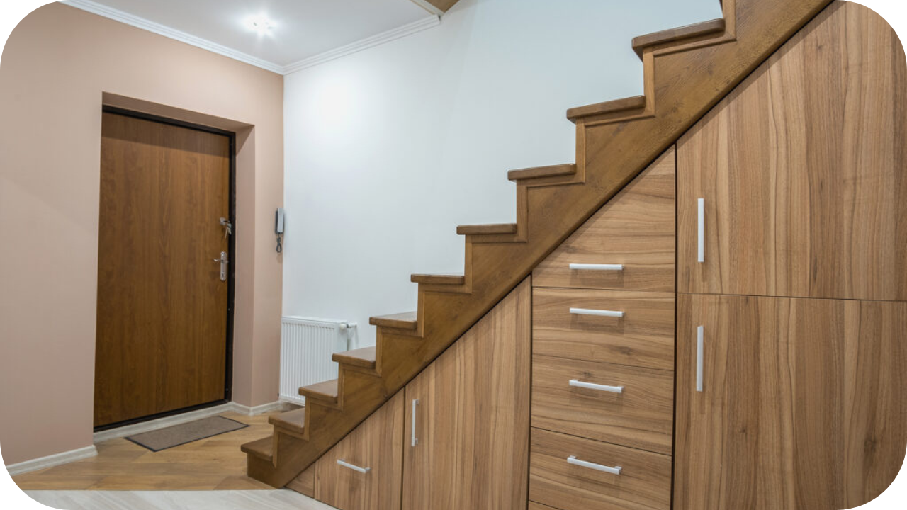 Wooden staircase with integrated built-in cabinets and drawers, maximising space with functional under-stair storage solutions.