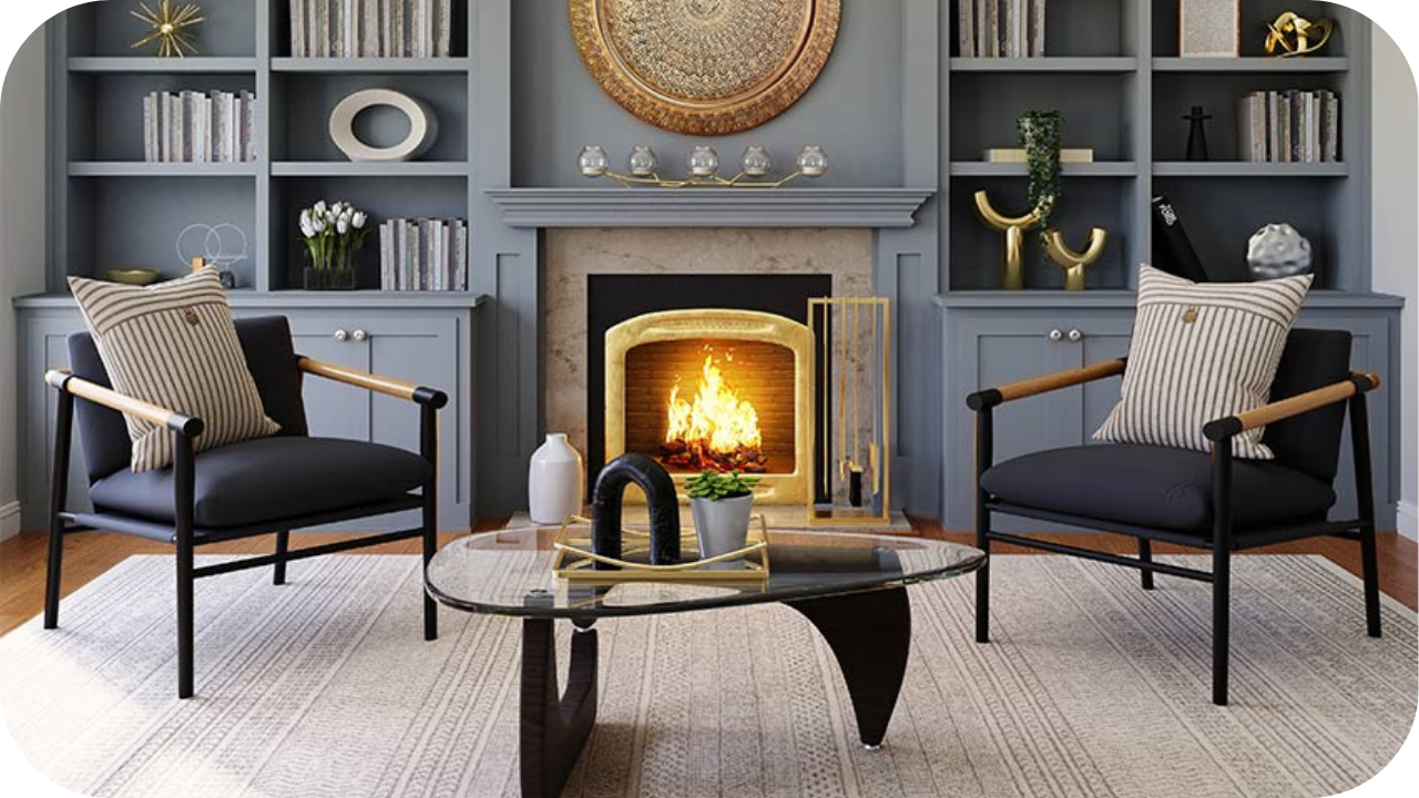 Elegant living room with lit fireplace, navy armchairs, glass coffee table, and built-in grey shelves with decor