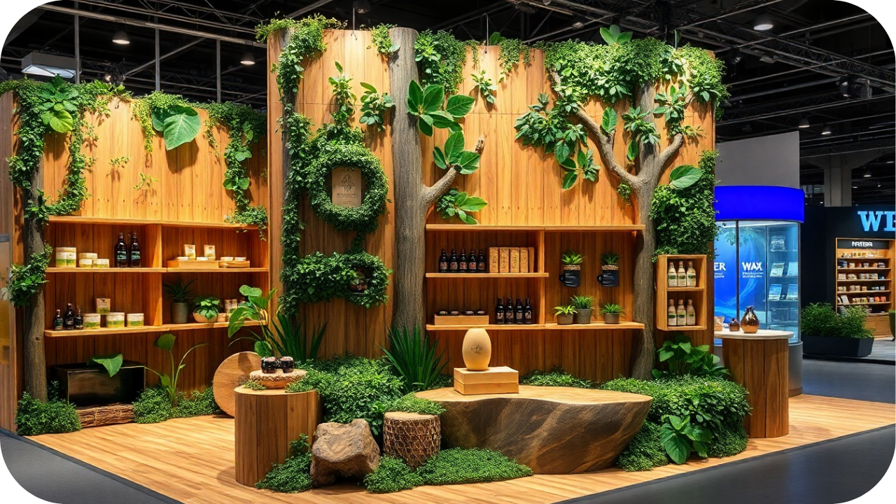 A nature-inspired exhibition display with timber shelving, lush greenery, and textured finishes showcasing how material choices enhance visual impact in event joinery.