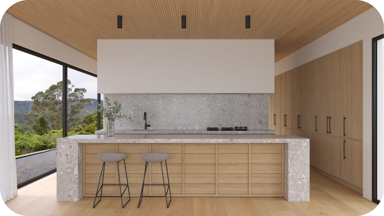 A bright modern kitchen with a stone island, timber cabinetry, and full-height windows showcasing how timber and stone elevate luxury joinery design.
