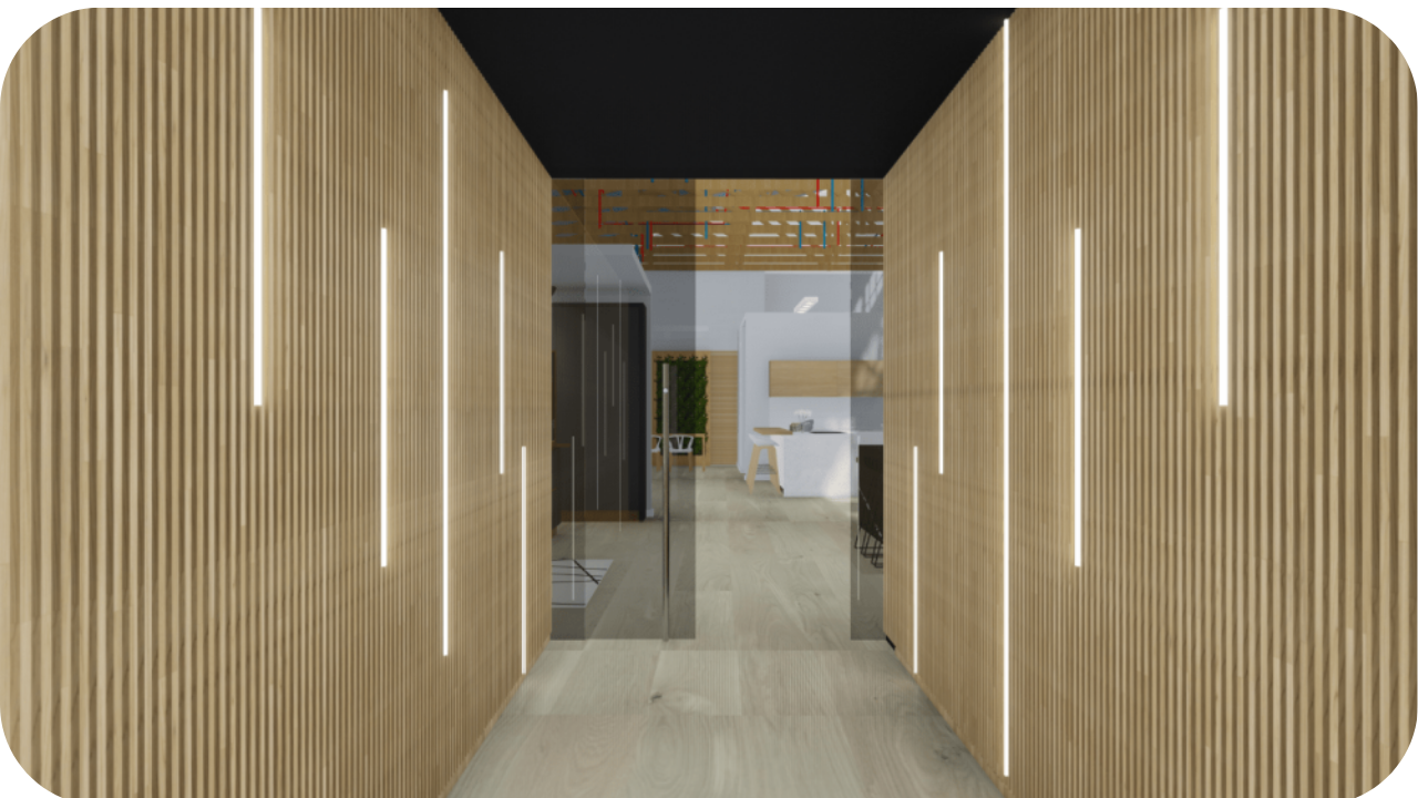 Contemporary showroom hallway with vertical timber slat walls and integrated LED strip lighting, leading to a bright open interior with modern joinery and minimalist furnishings.