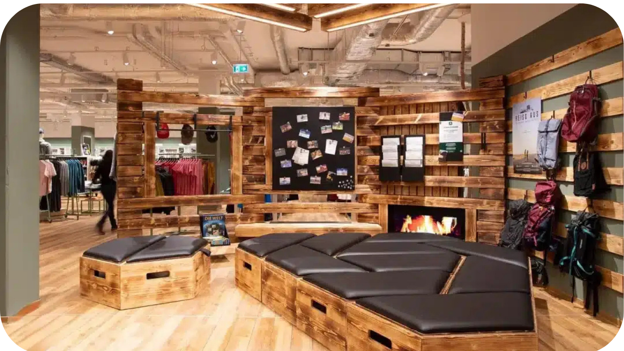 Retail showroom with rustic timber joinery featuring display walls, cushioned seating platforms, backpack racks, and a central board showcasing photos, creating a warm and branded customer experience.
