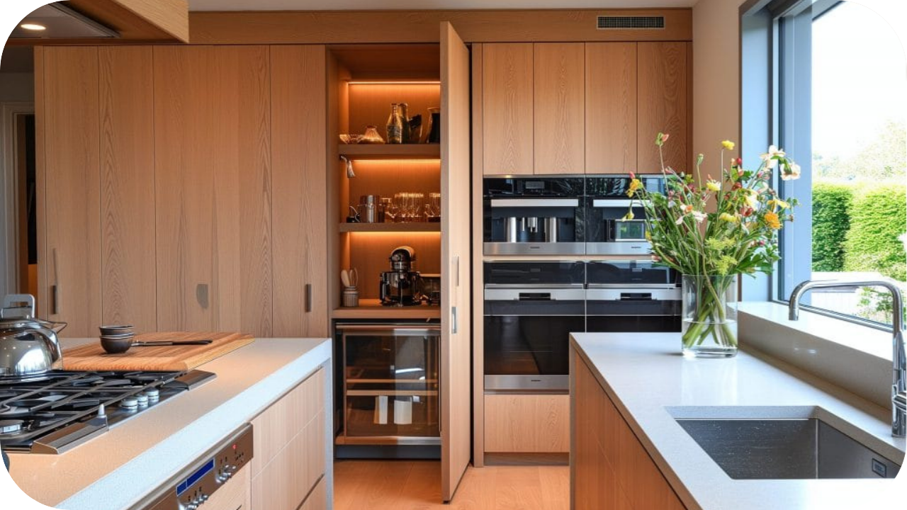 Modern custom kitchen with integrated appliances, hidden pantry joinery and warm lighting showing the tailored functionality possible compared to modular options