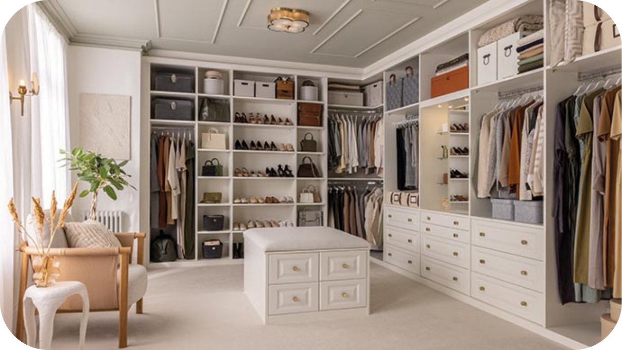 Luxury walk-in wardrobe with custom shelving, hanging rails and drawers arranged neatly around a central ottoman for an elegant, organised bedroom space