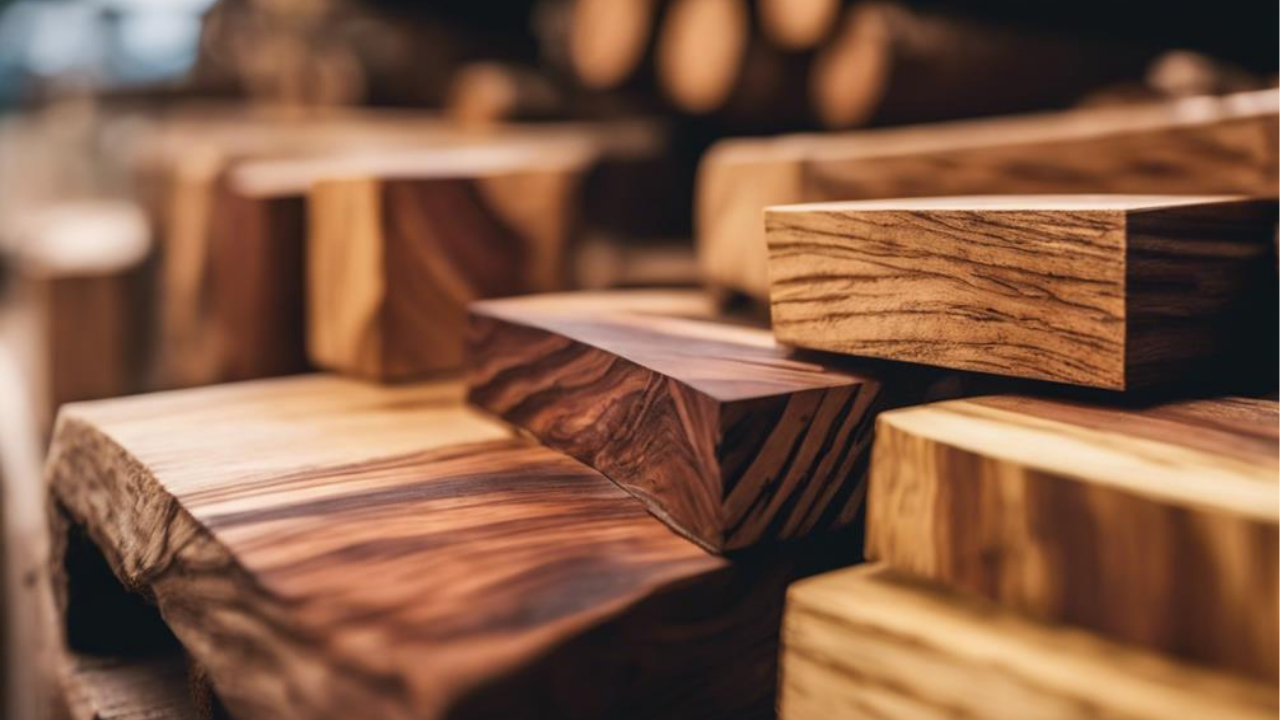 Rich timber blocks with varied grains are displayed in a workshop setting, showing the natural textures used in luxury joinery craftsmanship.