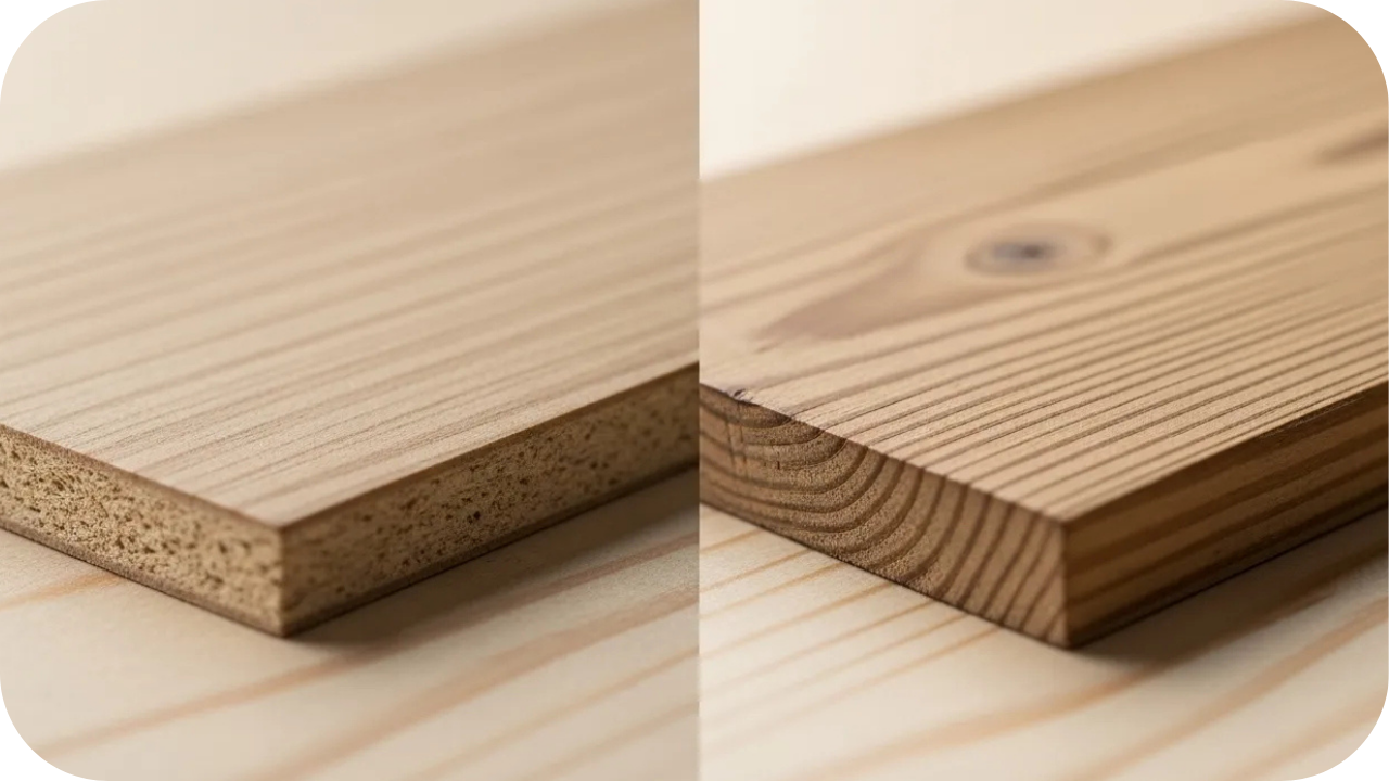 Side-by-side close-up of a veneer board and a solid timber plank, highlighting the visible differences in structure and grain for joinery decisions.