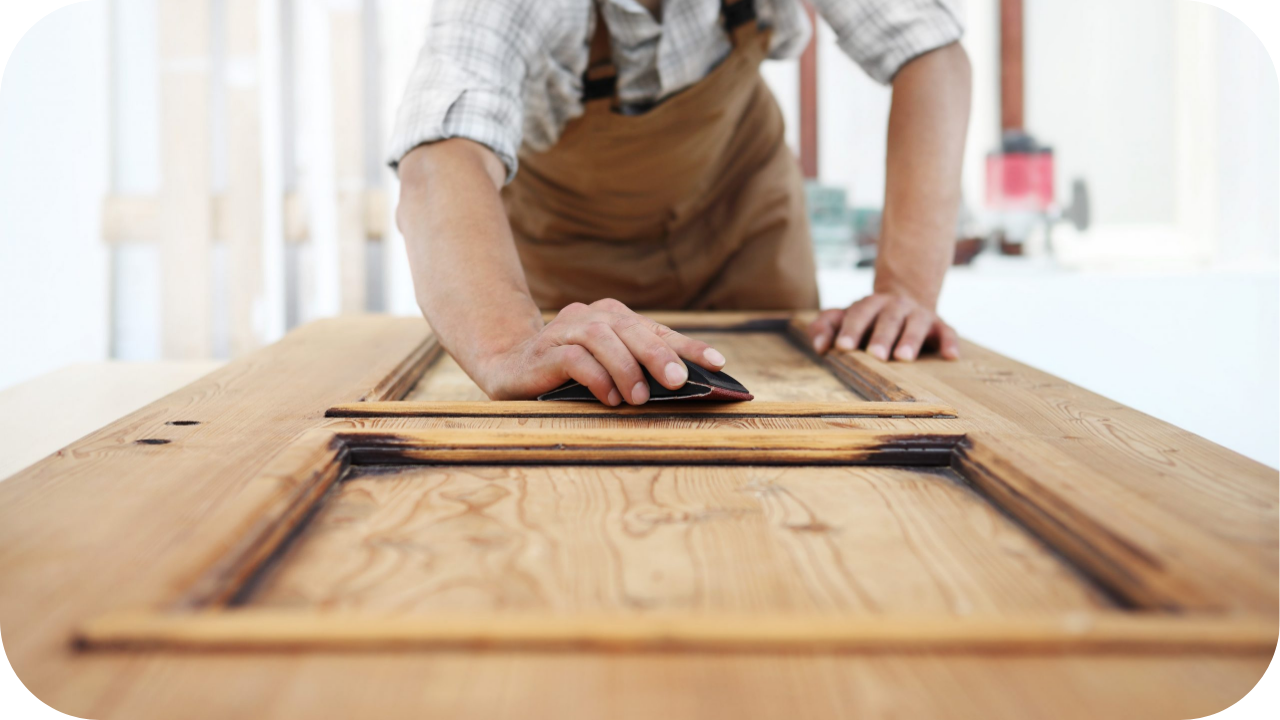 Joiner hand-sanding a detailed timber door panel, showing the refined surface finishes and artistic craftsmanship achieved through handcrafted joinery.