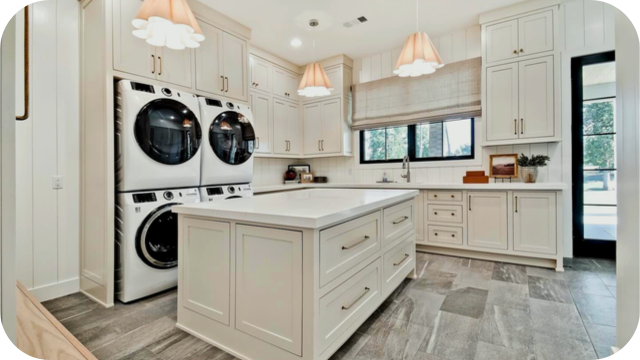 Bright laundry room with custom cabinetry, island storage, and detailed joinery work that demonstrates where handcrafted design brings practical elegance to a home.