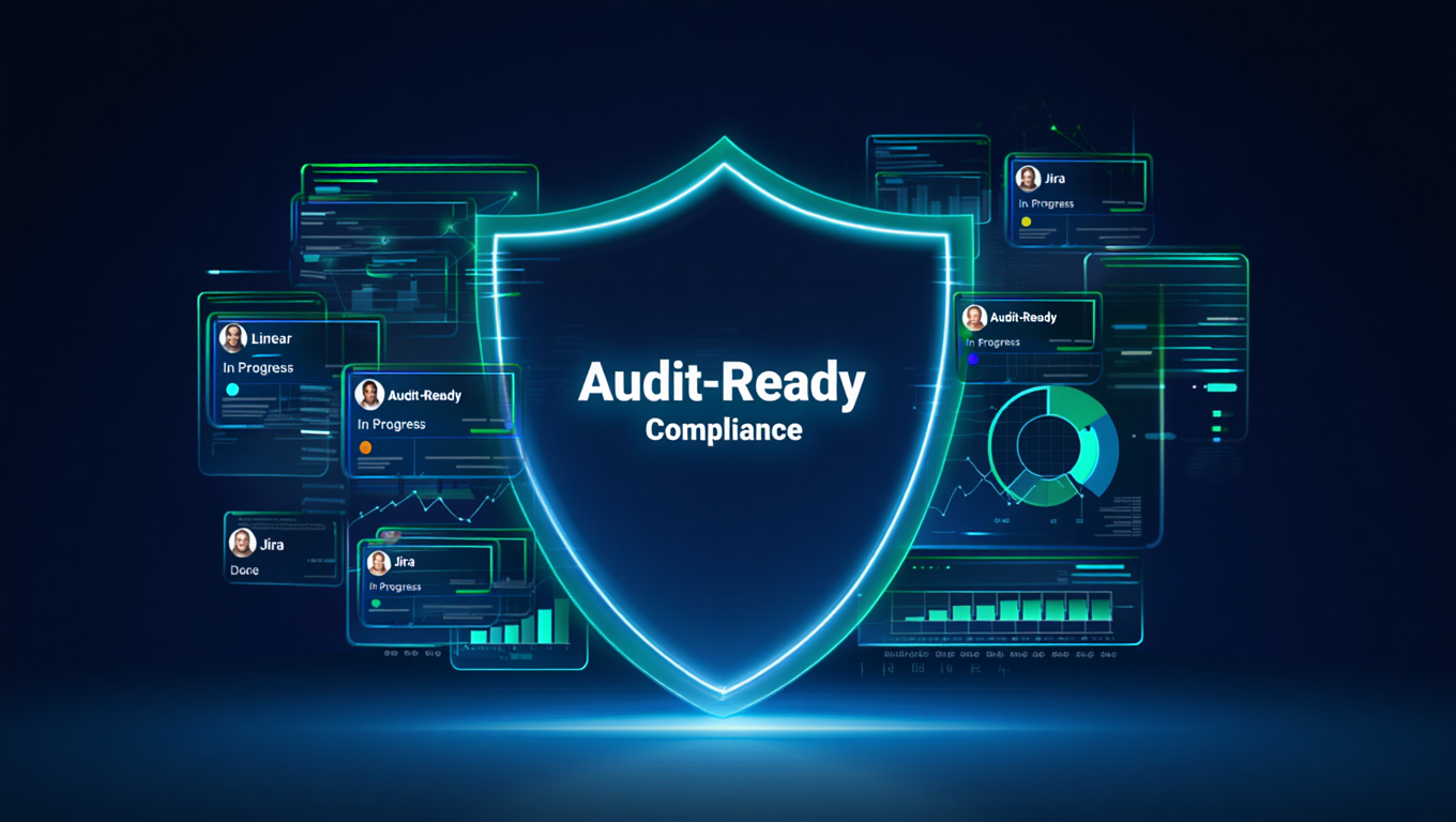 Shield with compliance dashboards representing audit-ready security