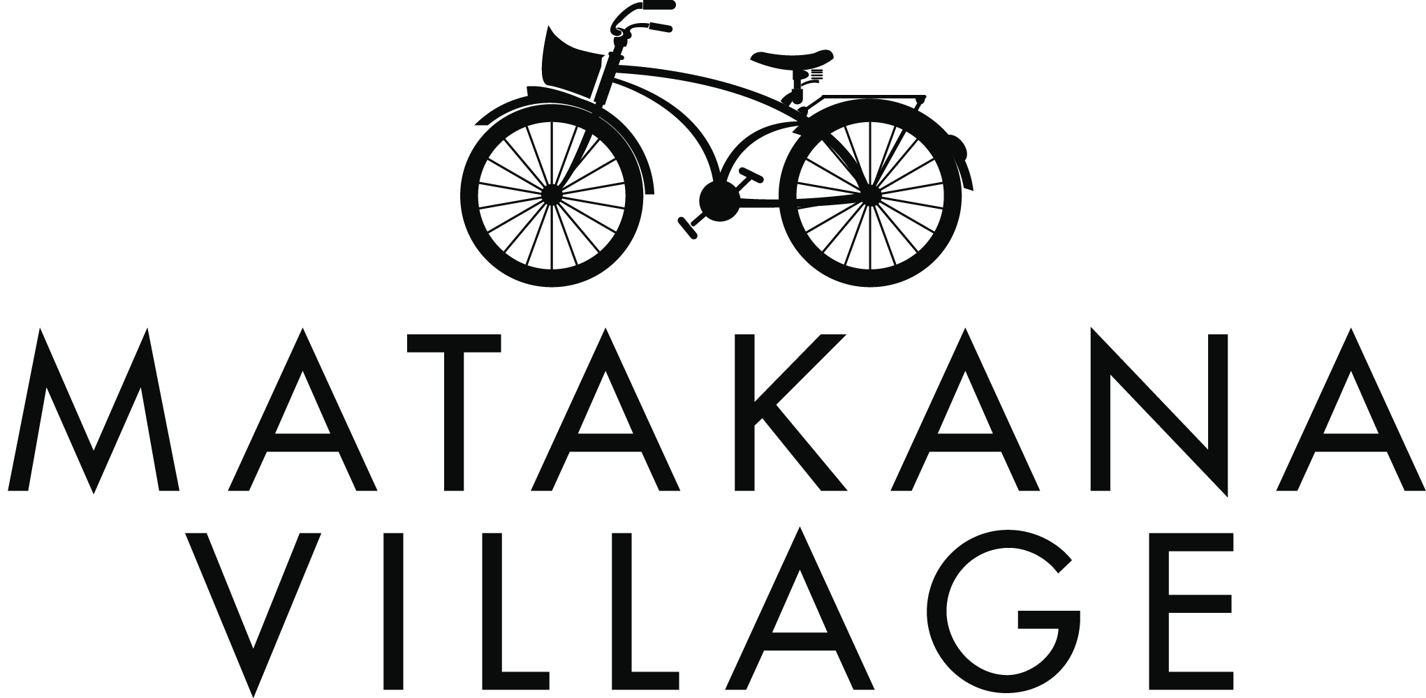 MATAKANA VILLAGE text logo with a silhouette of a bicycle above it.