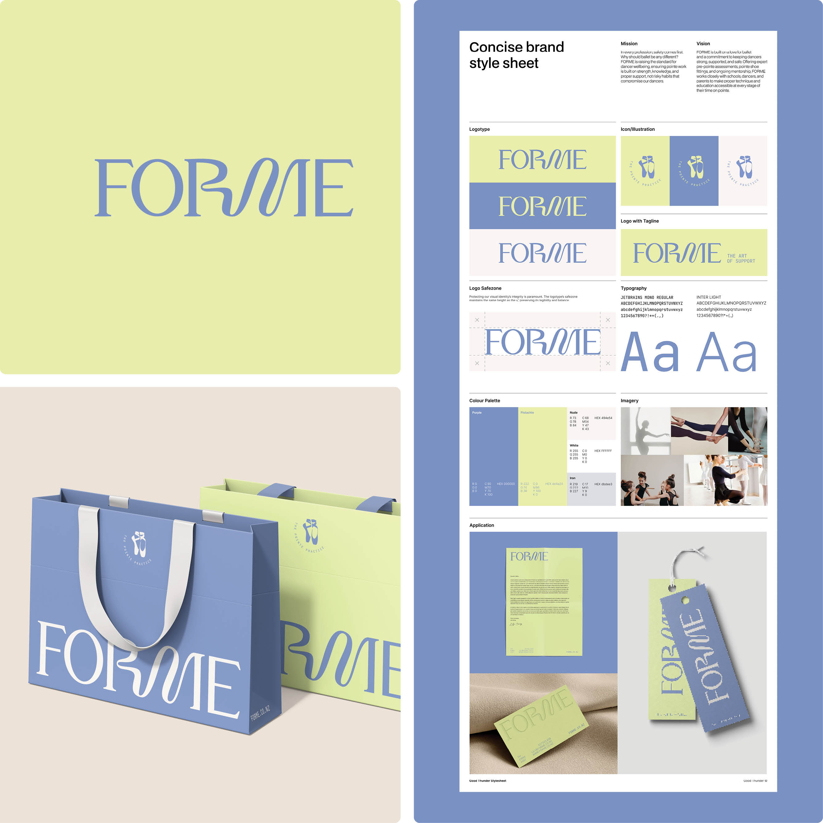 Brand style sheet for FORME with logo variations, color palette, typography, icons, and applications on shopping bags, letterhead, and tags.