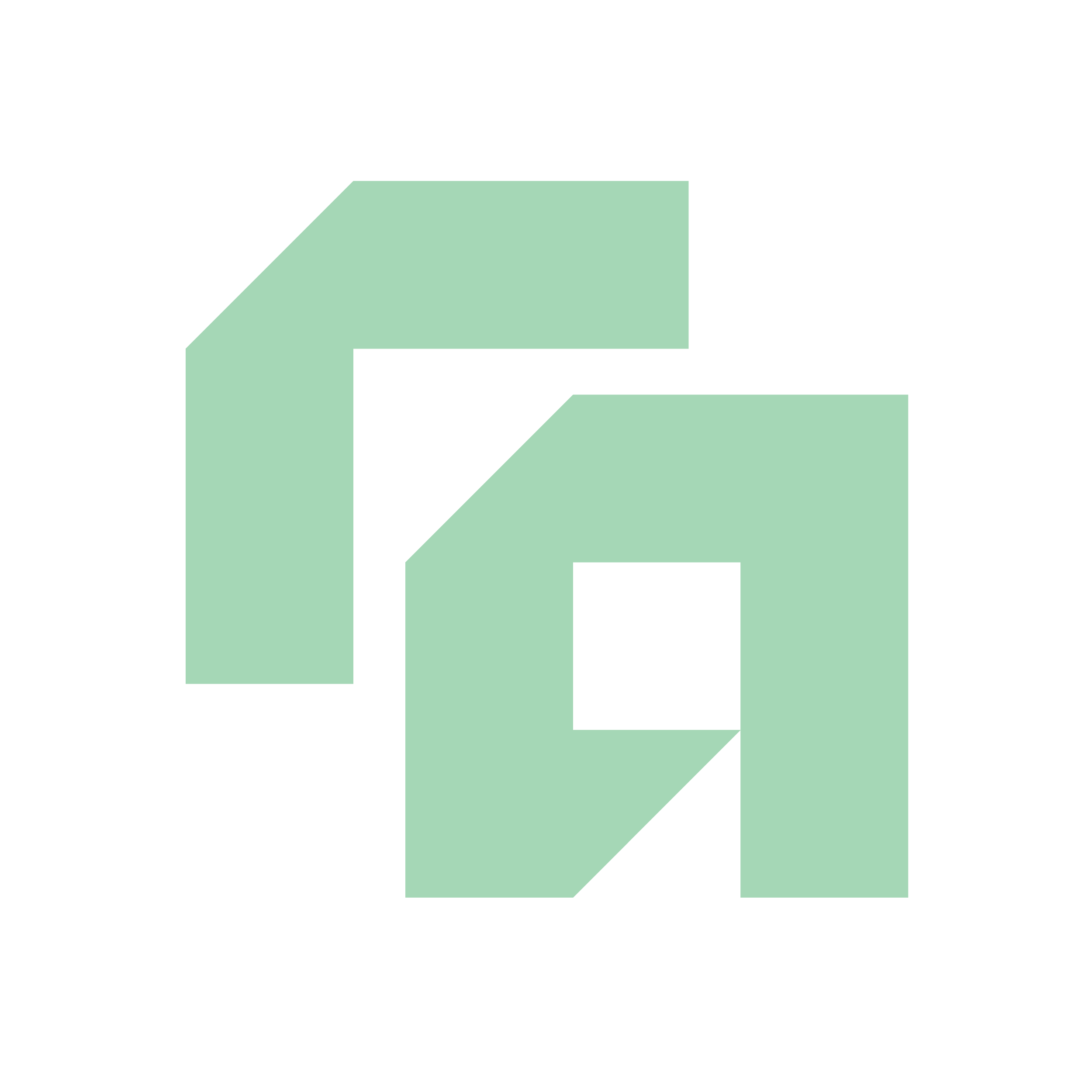 Abstract logo featuring two interlocking geometric shapes forming a stylized letter G in light green on a black background.