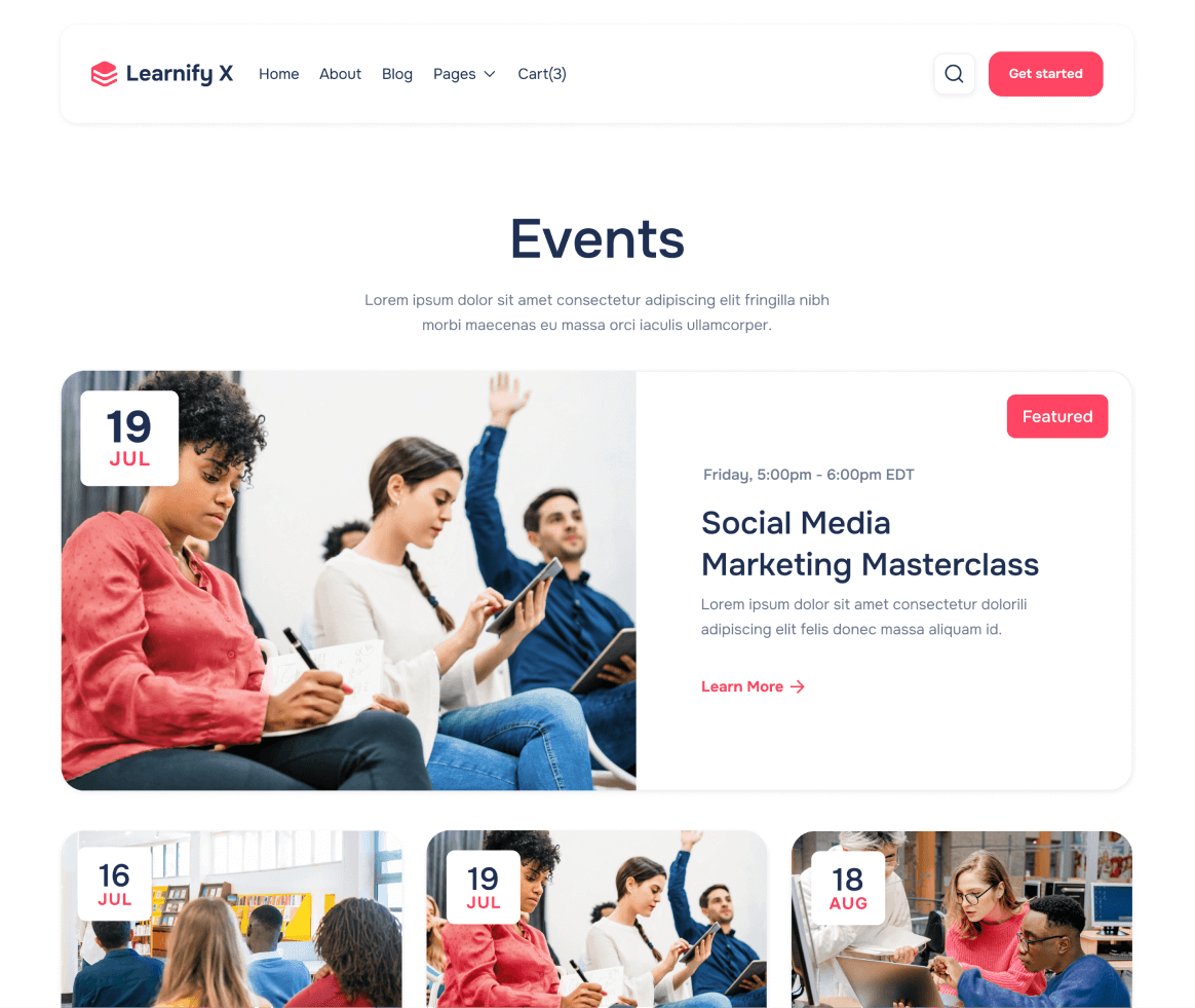 Learnify X - Events page - Online Learning Education Webflow Template