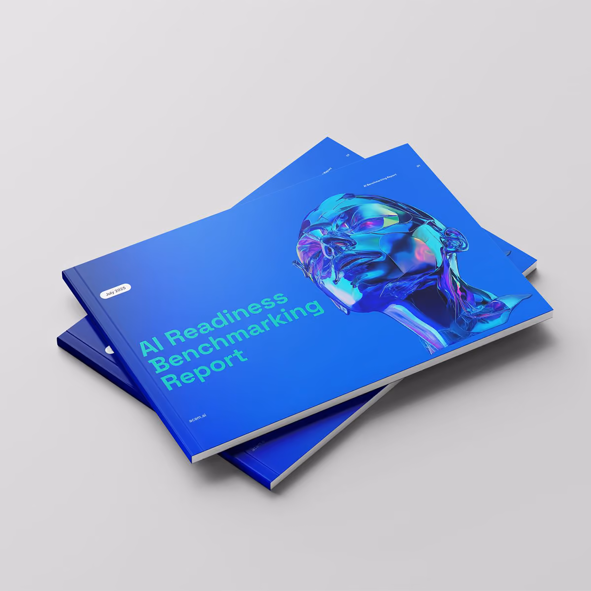 Stack of blue reports titled AI Readiness Benchmarking Report.
