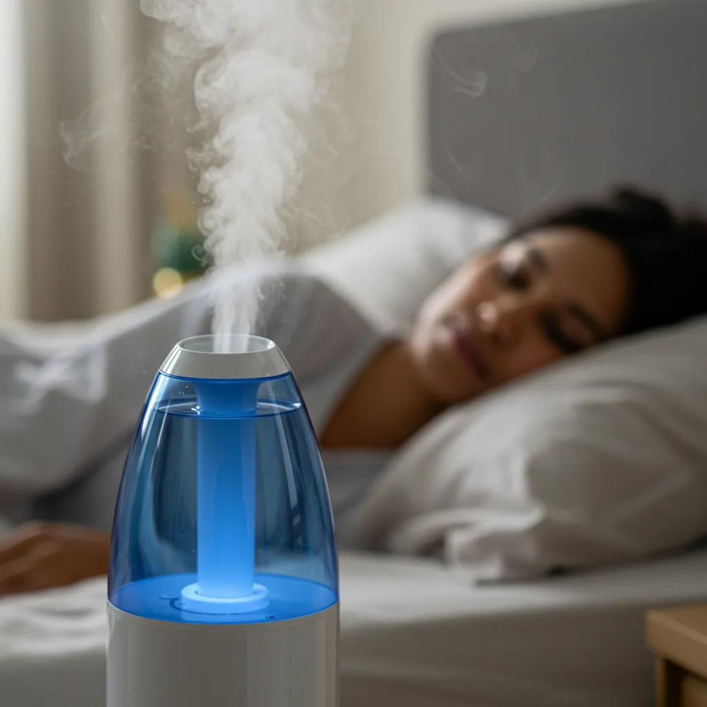 Person using a cool-mist humidifier in a peaceful bedroom to help with breathing