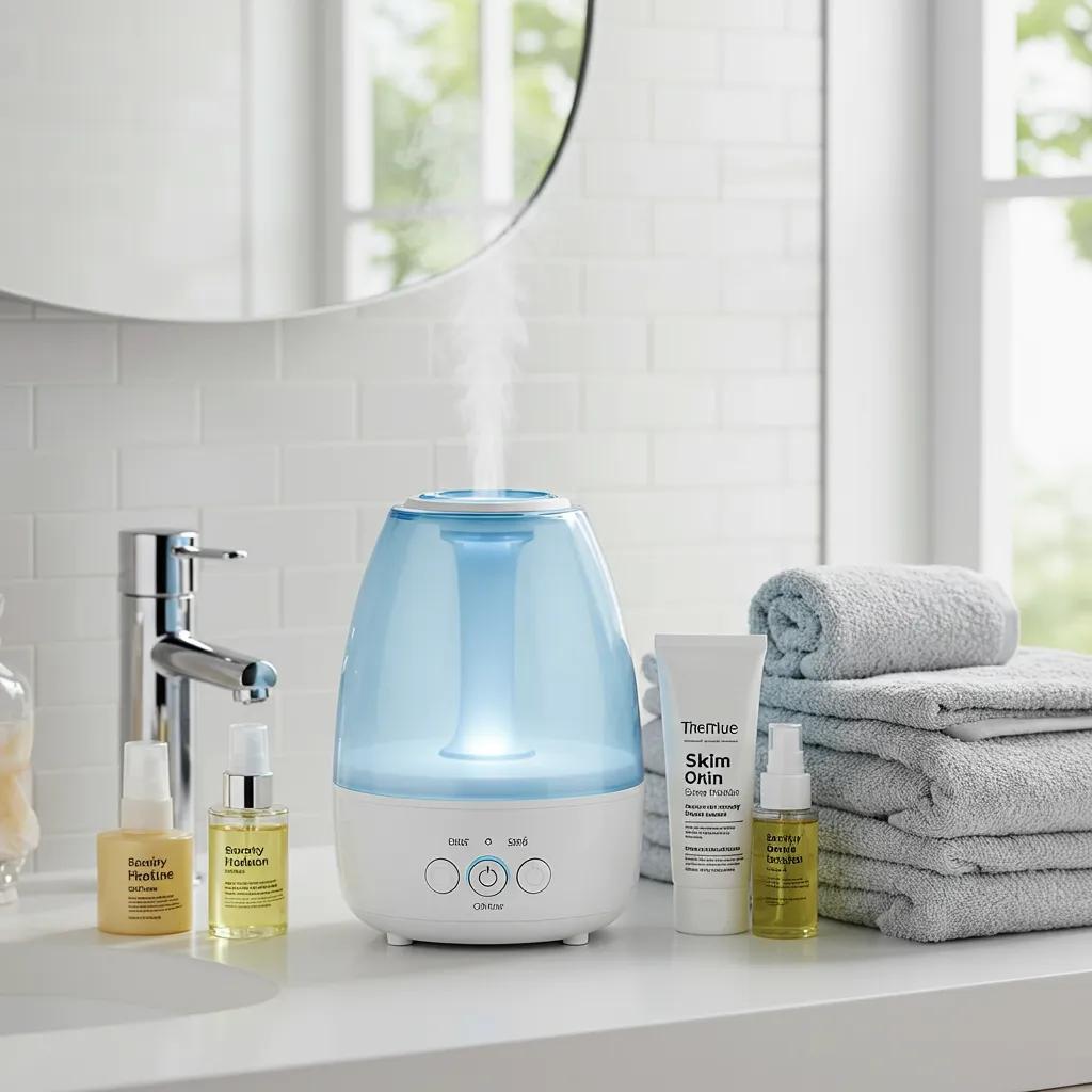Warm-mist humidifier in a bright bathroom, promoting skin hydration