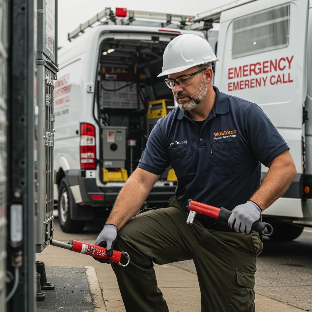 An HVAC technician responding to an emergency call, equipped with tools and driving a service van