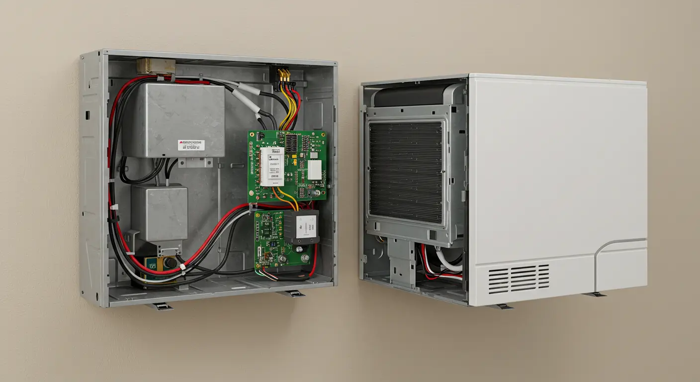 Wall-mounted open electronic device showing internal circuit boards, wires, and connectors with removed cover panel