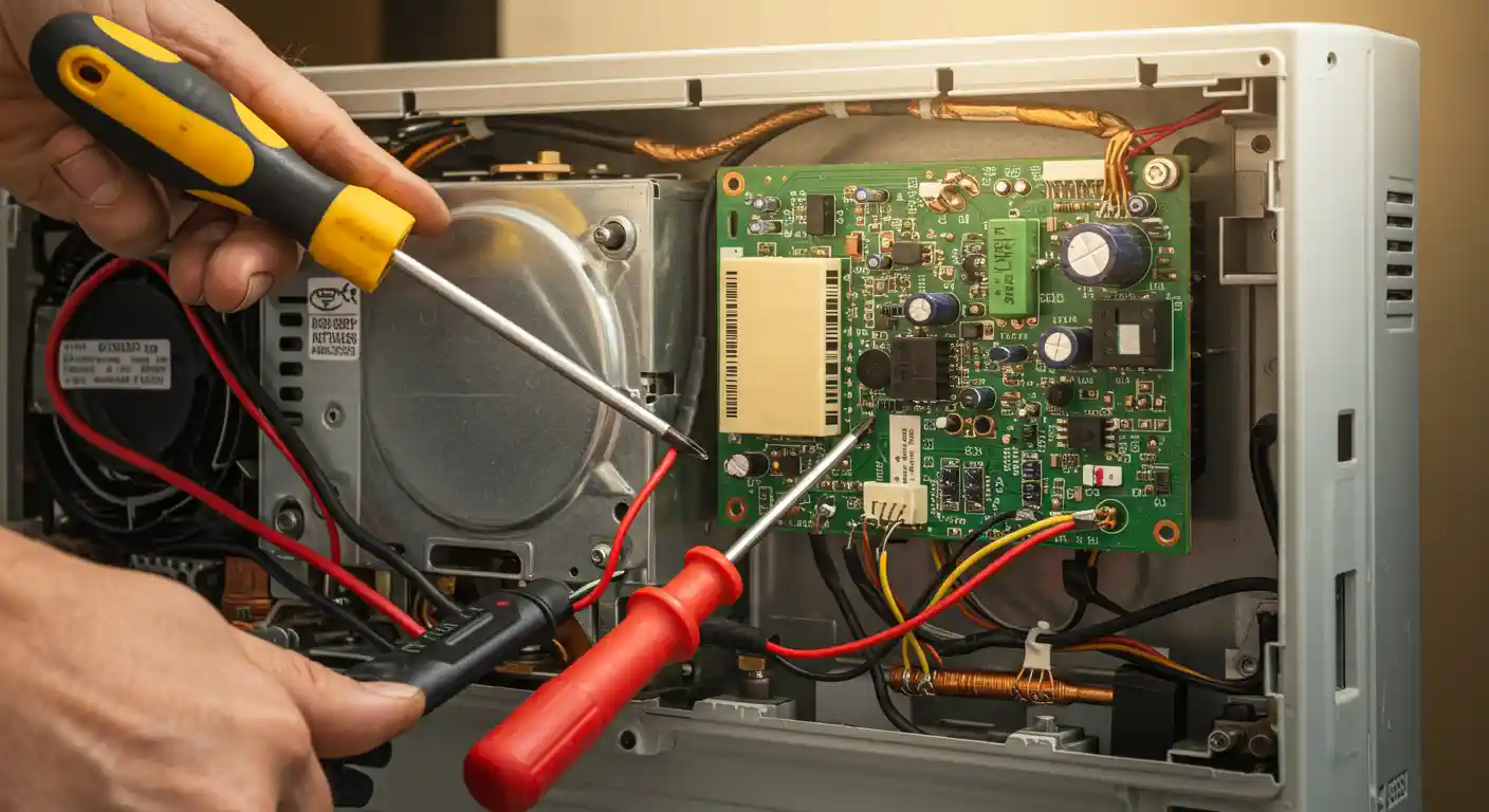 Hands repairing microwave oven circuit board with screwdrivers, showing internal electronic components and wiring