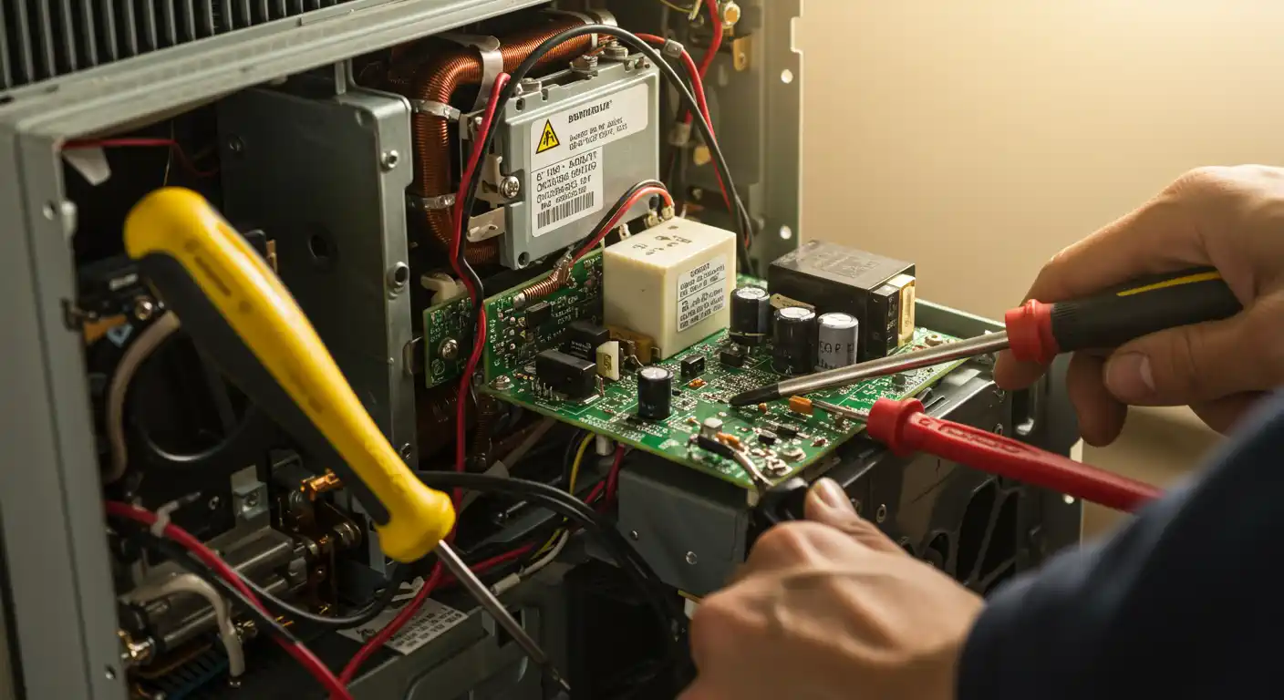 Person using screwdriver and multimeter to repair electronic circuit board inside open device with visible components and wiring