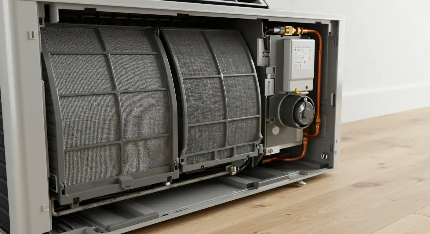 Exposed internal components of air conditioning unit showing filters, wiring, and control box on wooden floor