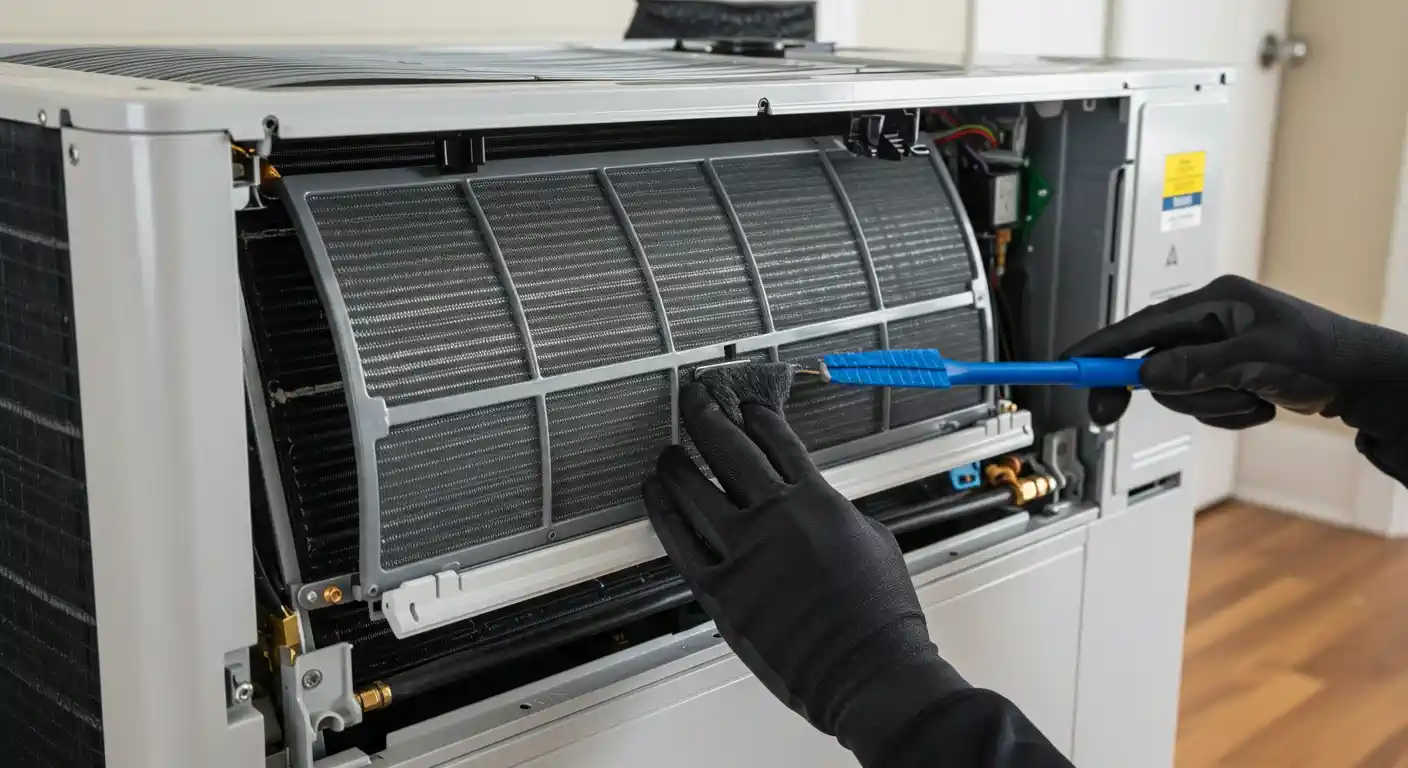 Gloved technician cleaning air conditioner filter with blue brush, unit open to show internal components