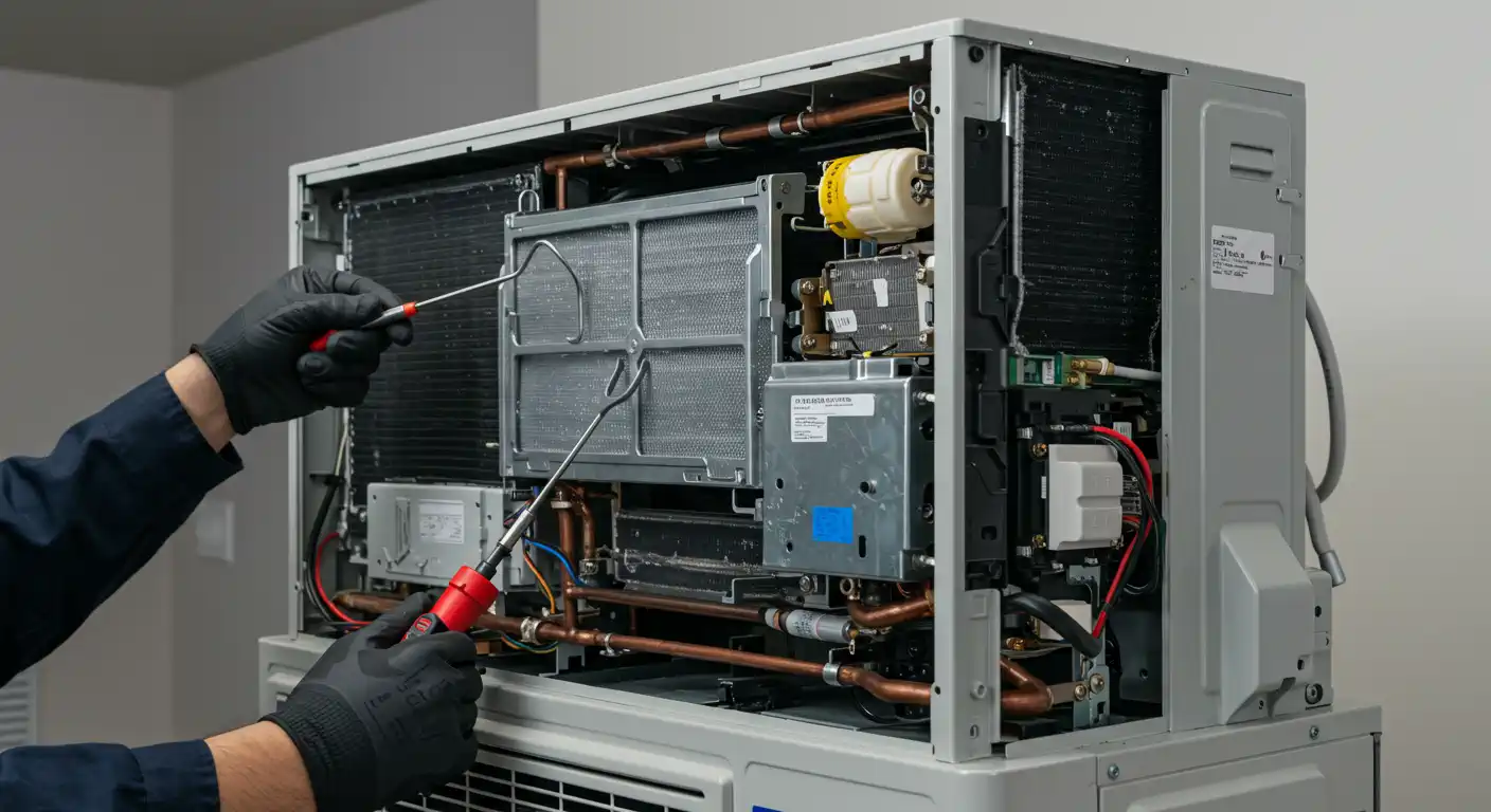 Technician in black gloves servicing internal components of air conditioner, exposing coils, wires, and circuit boards
