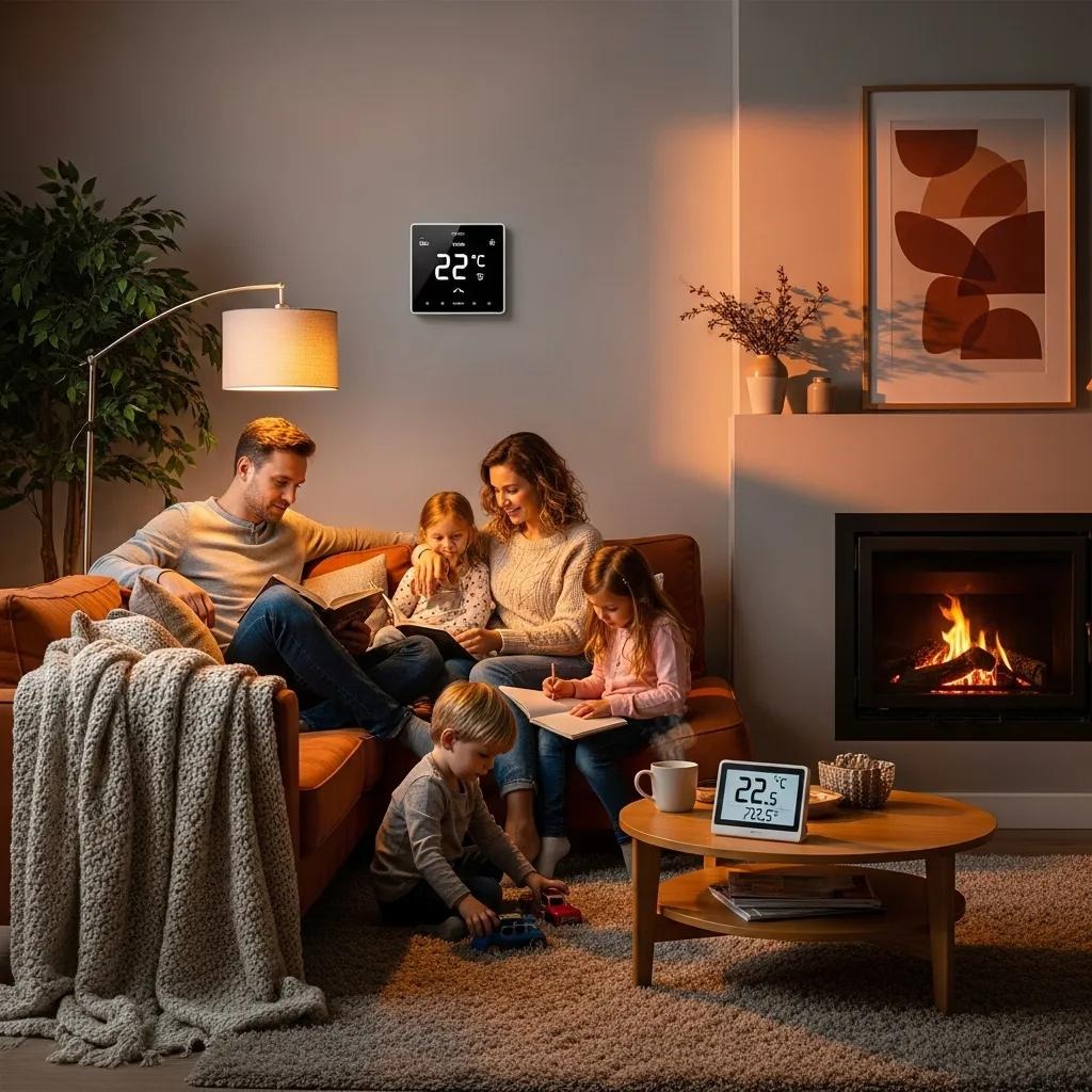 A modern wall thermostat in a cozy living room, showing home comfort and reliable temperature control