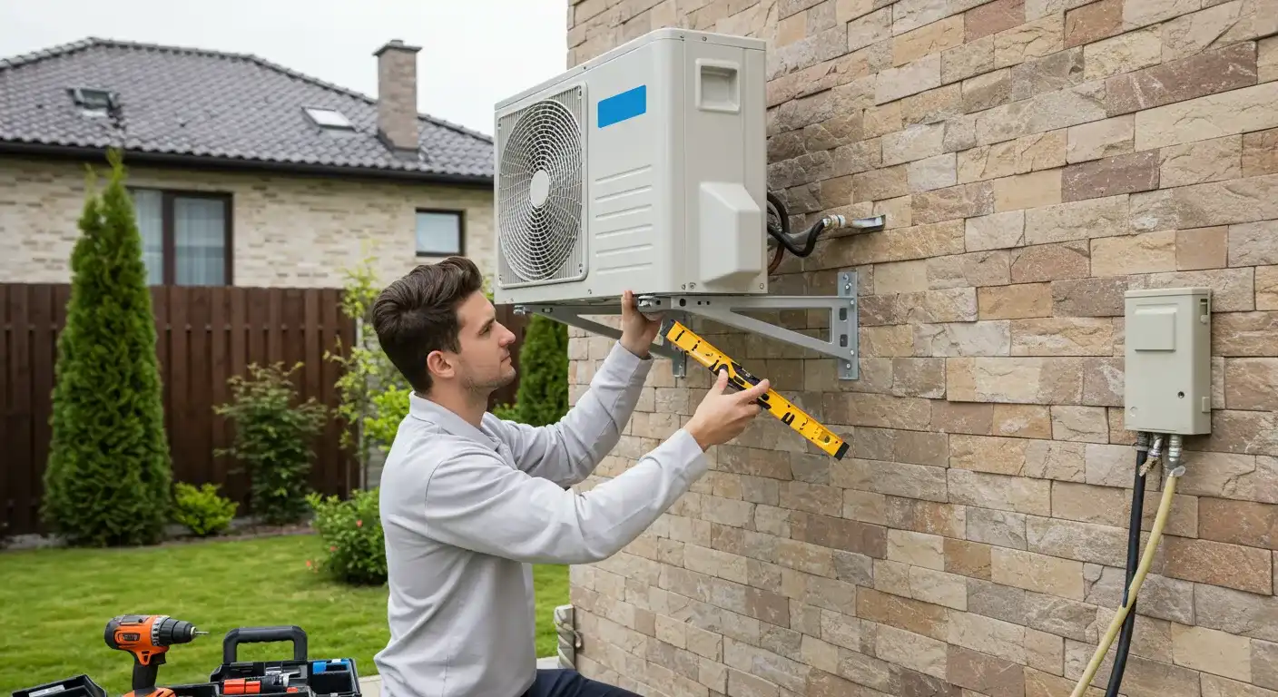A male technician uses a level to ensure a wall-mounted AC unit is properly installed on the brick exterior of a house.