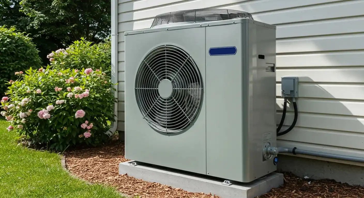 A gray heat pump unit with a fan grill is installed on a concrete slab in a mulched garden area next to a house with white siding.