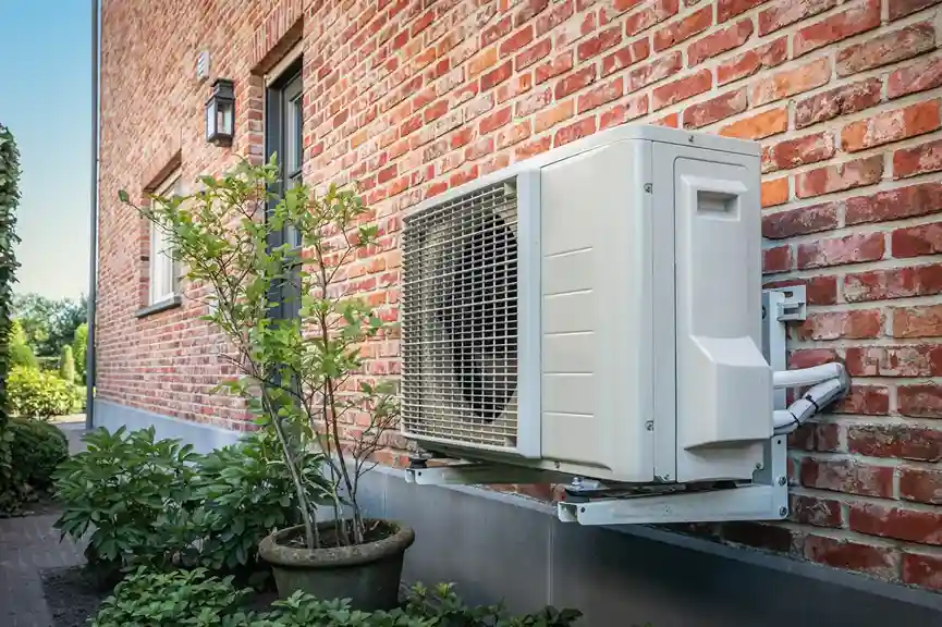 Wall-mounted white outdoor heat pump unit installed on a red brick house exterior.