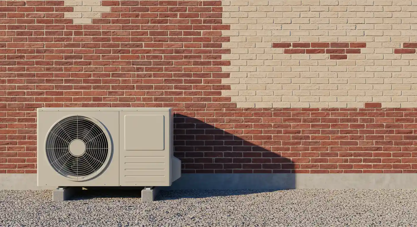 An outdoor mini-split unit on a gravel patio with a red and white brick wall backdrop.
