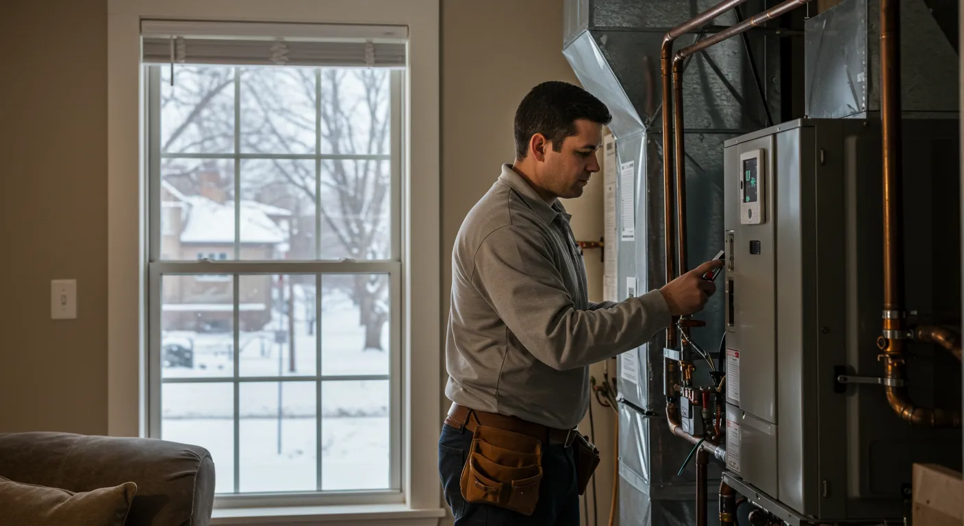HVAC worker adjusting a furnace control panel indoors with a snowy winter scene outside