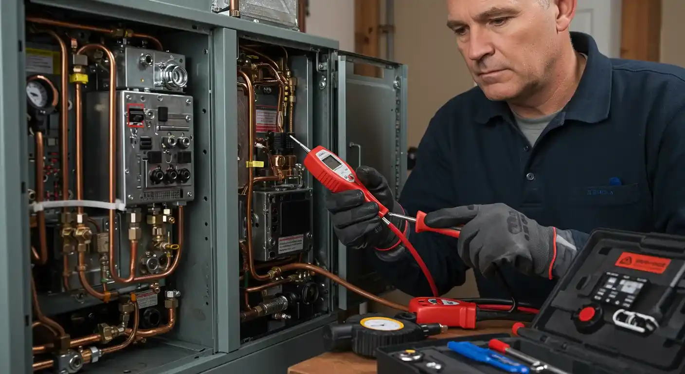 A technician wearing black and gray gloves uses a multi-meter to test the wiring inside an open furnace.