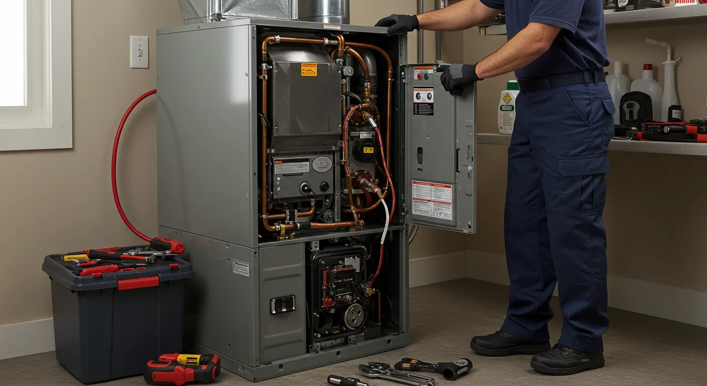 A technician in blue overalls and black gloves stands, holding open the door of a furnace to access the internal components, with tools on the floor.